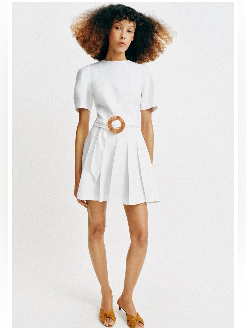 Zara White Pleated Skater Mini with Wooden Buckle